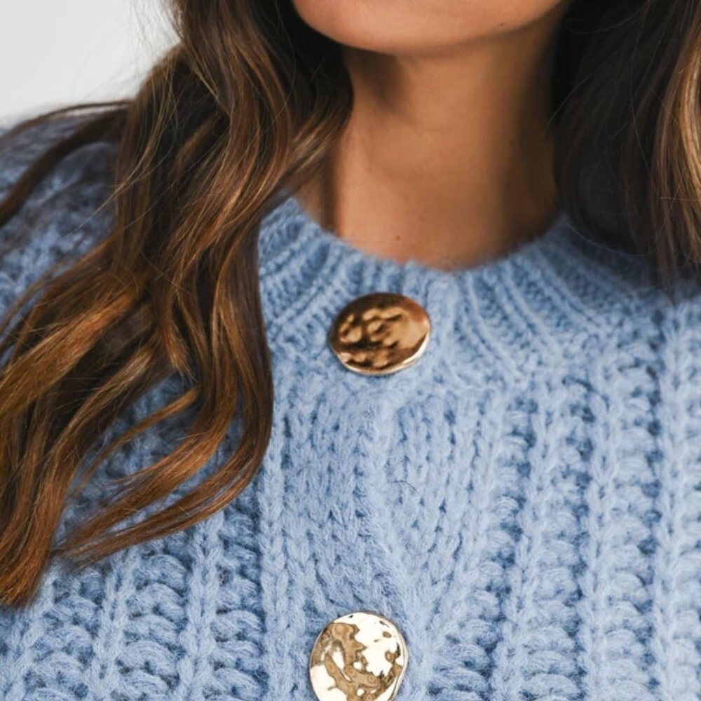 Mable Cozy Blue Gold Buttoned Cardigan NWT, Size M - Picture 6 of 14